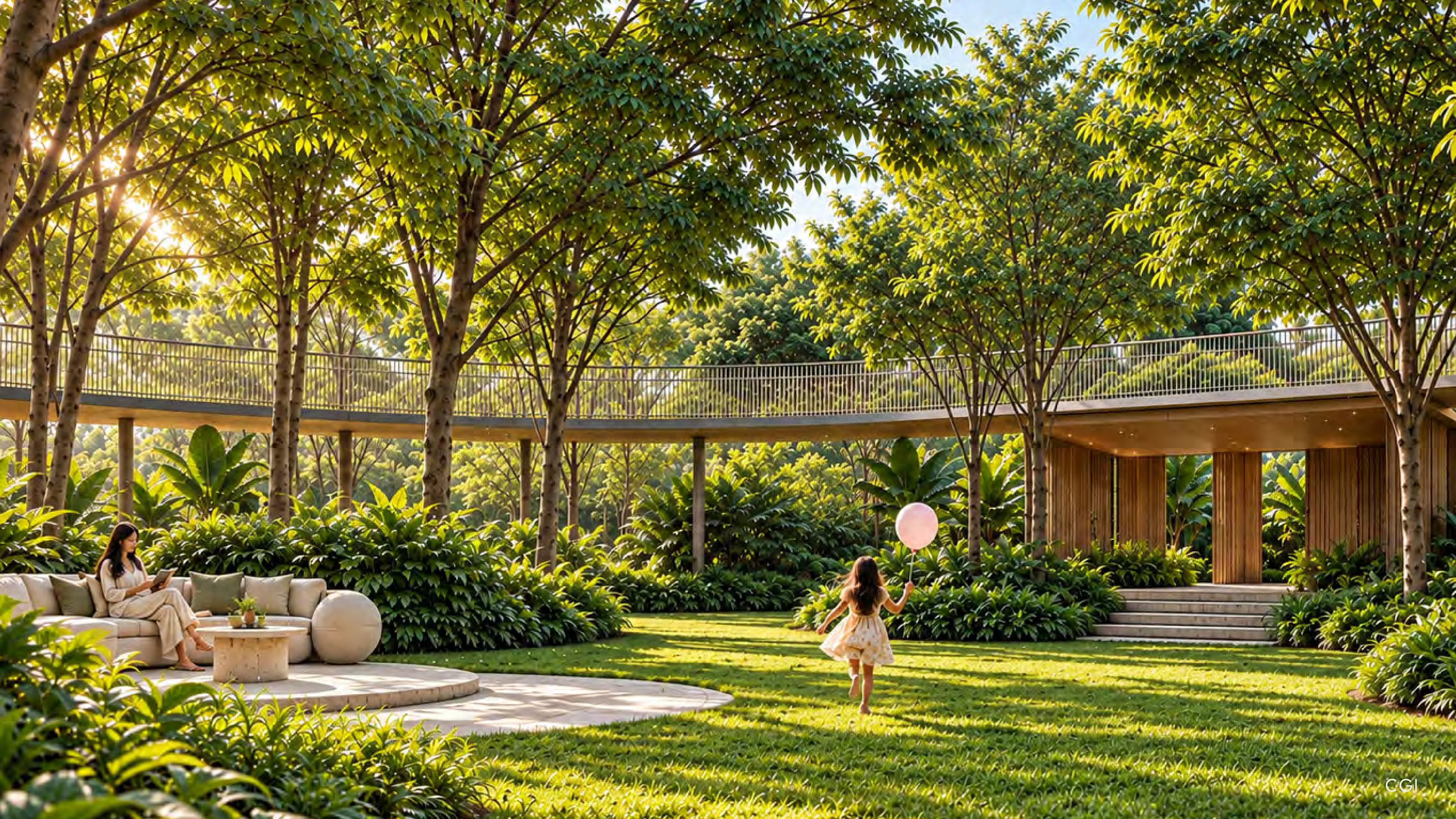 Mother and child on open lawn under skywalk